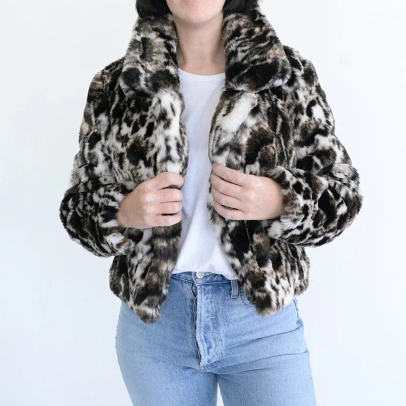 Band Of The Free Cream And Brown Animal Print Fake Fur Mob Wife Cropped Jacket S - Picture 2 of 11